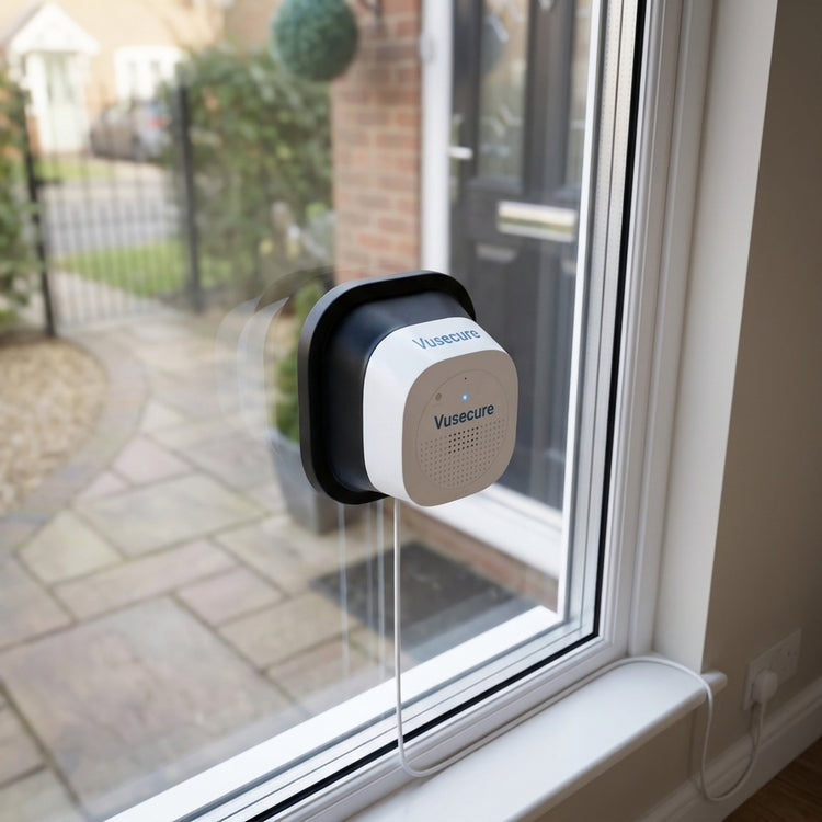Vusecure Window Cam mounted on a front window monitoring the path and door